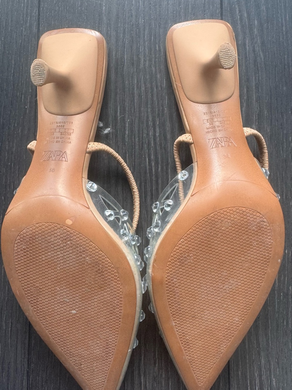 Zara Tan Pointed Heel with Clear Jeweled Straps and Embellishments - Picture 2 of 3